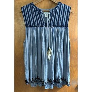 Rachel Zoe Blue Chambray Embroidered Babydoll Top Tunic 2X Crochet Boho Pleated